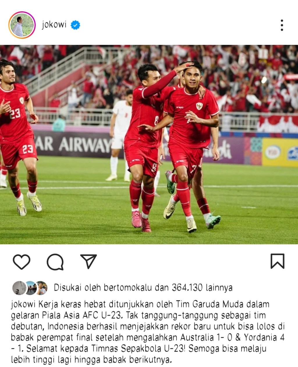 Lolos ke Delapan Besar Piala Asia U-23, Presiden Jokowi Puji Prestasi Skuat Muda&nbsp;Garuda